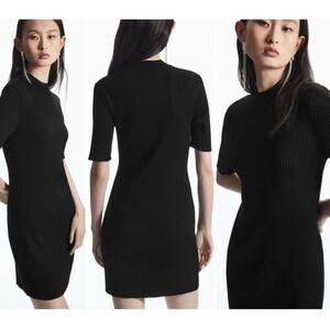 COS Womens Large Black Stretch Knit Ribbed Mock Neck Short Sleeve Mini Dress EUC